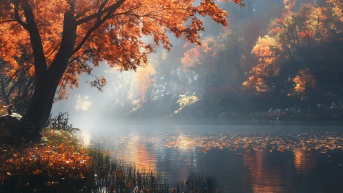 Autumn trees line misty lakeshore as sunlight filters through
