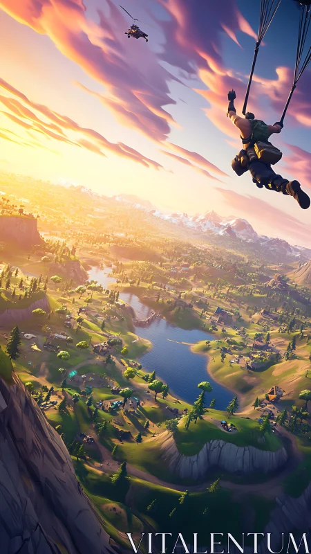 Parachuted figure descends toward stylized valley landscape