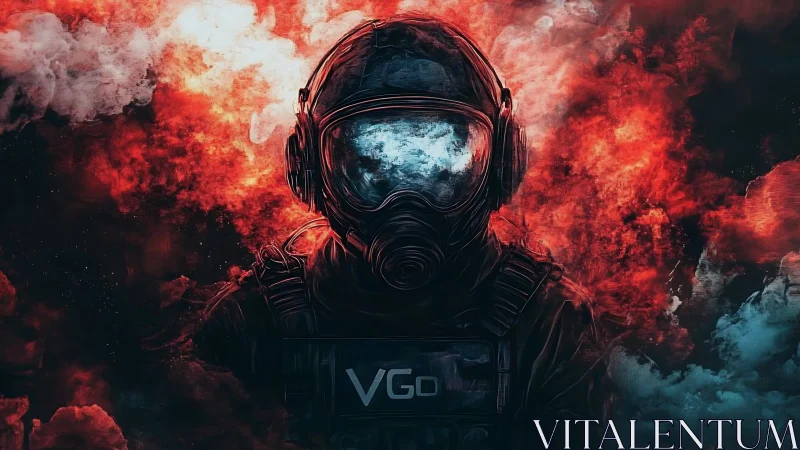 Armored operator in gas mask silhouetted against turbulent red nebula