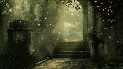 Overgrown stone stairway leading to glowing forest arch