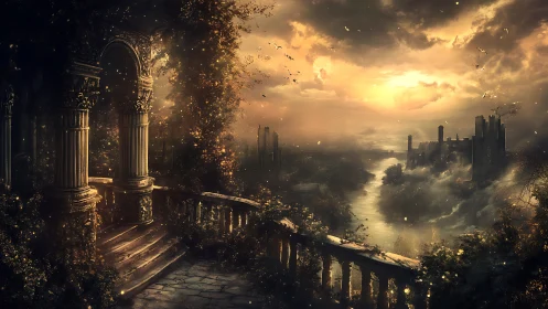 Ruined balcony and river valley under glowing sunset.