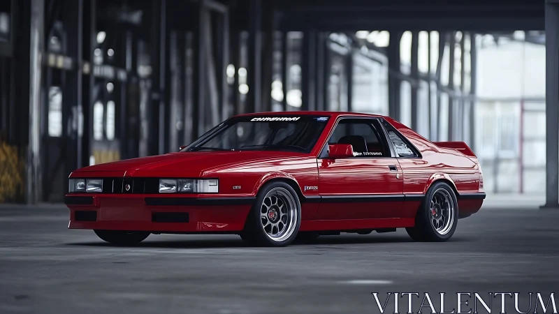Red classic tuned coupe parked in industrial warehouse.