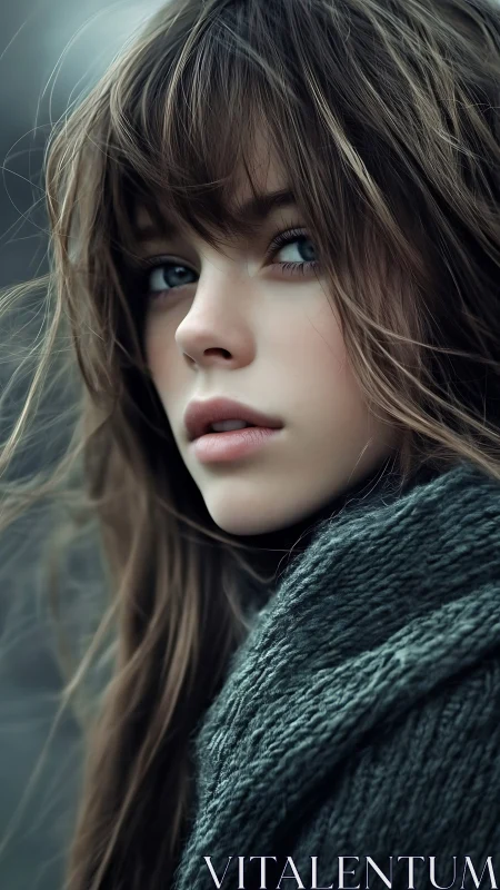 Portrait shows close-up view of young woman in outdoor setting