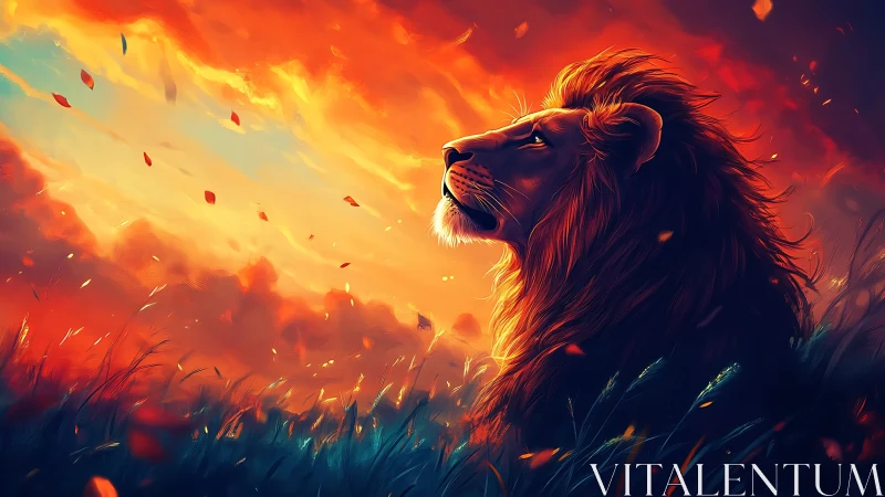Lion in blazing twilight sky with glowing embers around.