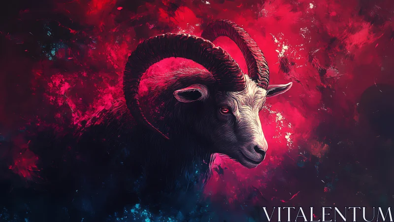 Cosmic ram in luminous red and blue nebula glow.