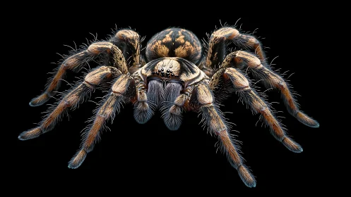 Velvet-legged tarantula queen poised in inky midnight calm.