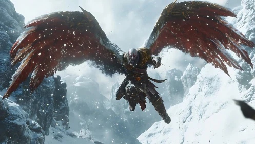 Winged armored warrior dives through dynamic snowy mountain ravine