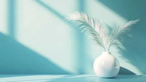 Minimalist white vase with palm leaves in soft teal light.