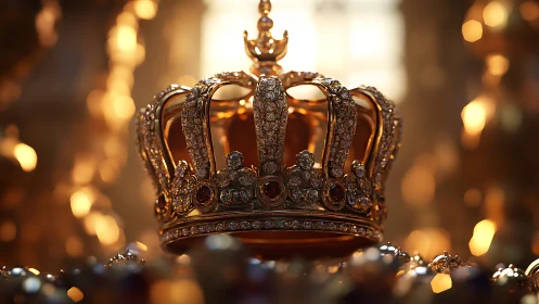 Golden jeweled crown glows warmly in soft royal light