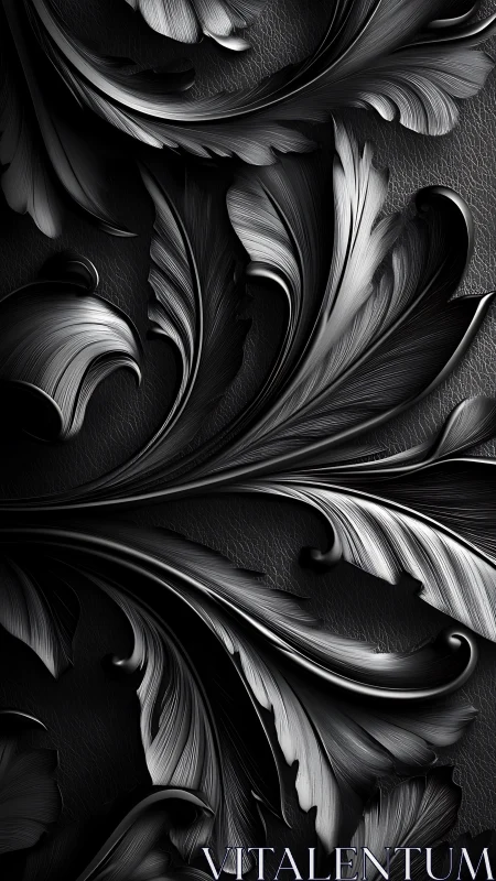 Monochrome ornamental leaf relief with flowing curved forms.