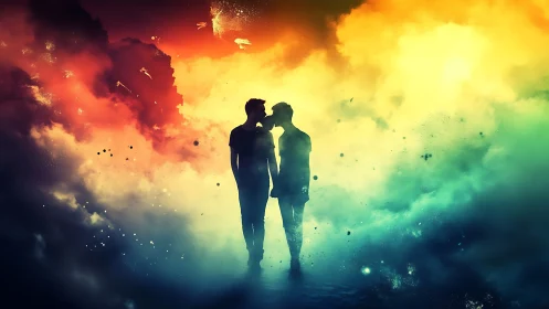 Two Souls Kissing Amid Rainbow Clouds Explosion