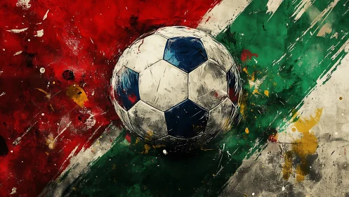 Bold abstract soccer ball on dynamic red and green field.