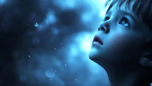 Child's Profile Against Luminous Blue Ethereal Light