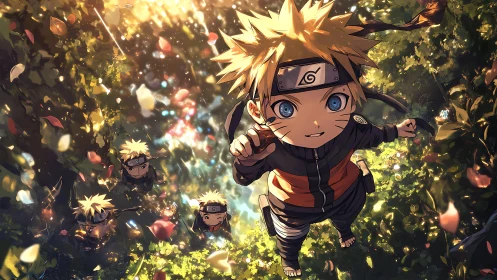 Bright eyed ninja child exploring a glowing forest path.