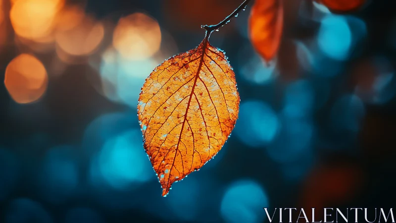 Autumn leaf in macro focus contrasts against cyan bokeh field