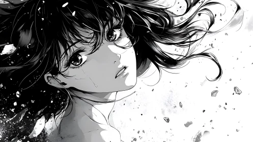 Emotional anime girl drifts amid shattered monochrome space.