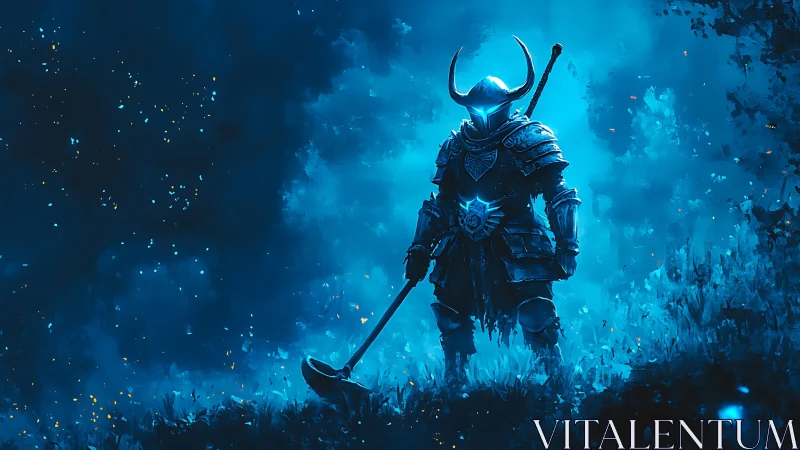 Midnight armored warrior amid glowing azure mistscape.