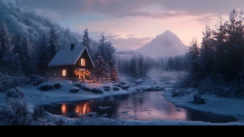 Snowy cabin by frozen river at pink winter sunset.