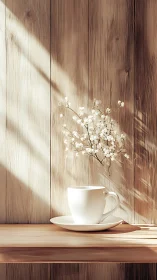White ceramic cup and flowers sit against vertical wood wall