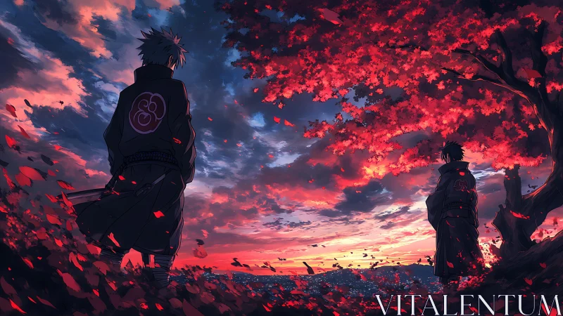 Two cloaked figures under red tree at vivid sunset.