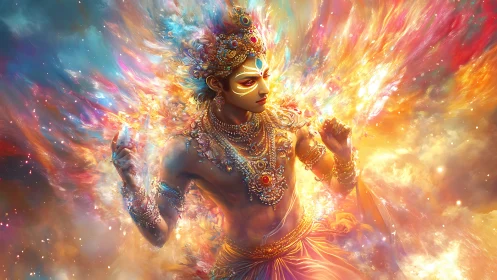 Divine celestial figure in radiant cosmic explosion of color.