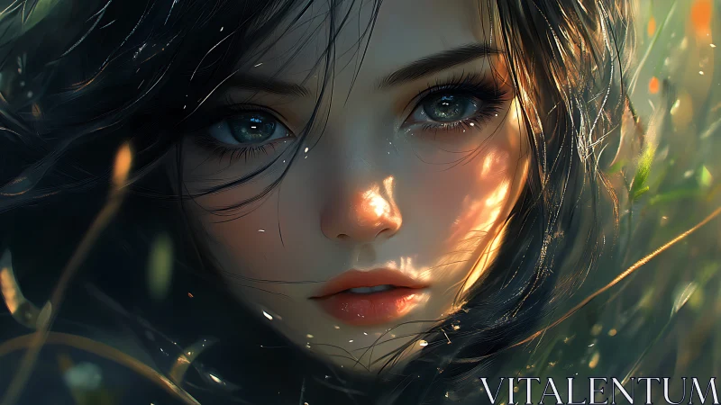 Forest-lit gaze of a twilight dreamer in soft wild grasses.