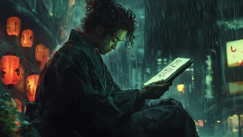 Samurai studies glowing manuscript in neon-soaked night rain