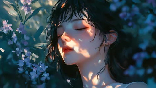 Digital portrait of girl among flowers in dappled sunlight.