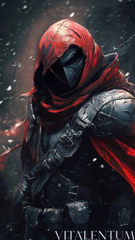 Hooded armored assassin emerges from swirling winter storm.