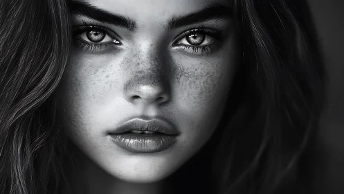 Storm-lit freckled gaze in cinematic monochrome closeup.