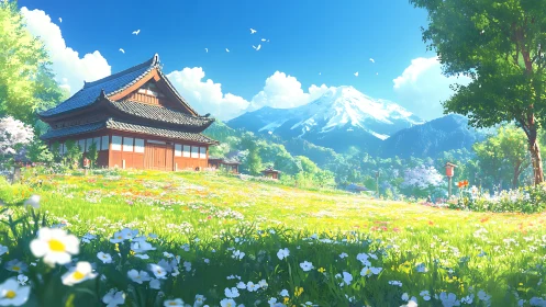 Serene mountain temple overlooks a sunlit spring meadow.