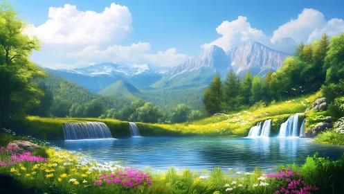 Gentle waterfalls welcome you into a bright mountain valley