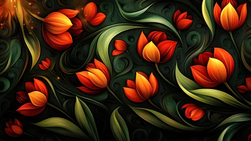 Red tulips with green stems rendered on dark background with ornamental swirls.