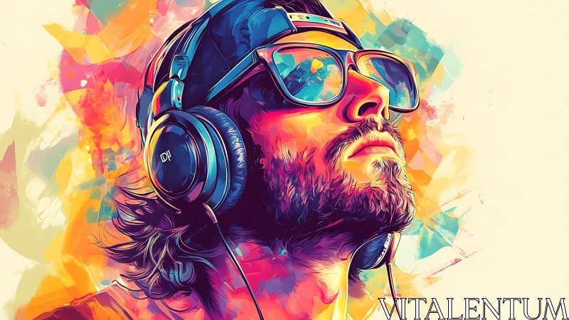 Vibrant digital portrait of man in headphones and sunglasses