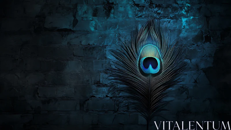 Iridescent peacock feather against dark textured stone wall