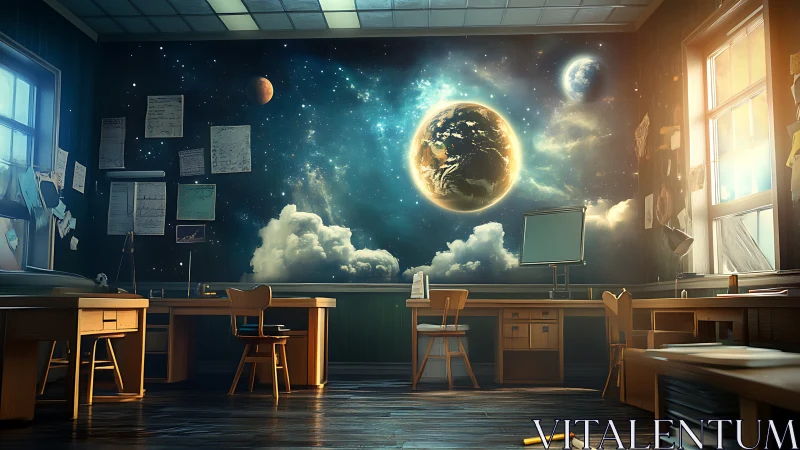 Digital painting of cosmic classroom interior with celestial wall mural.