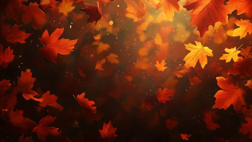 Radiant volumetric cascade of drifting autumn maple leaves.