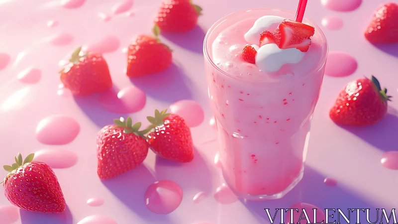 Strawberry milkshake stands amid glossy scattered berries