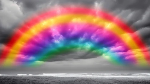 Colorized rainbow arc over monochrome coastal seascape.