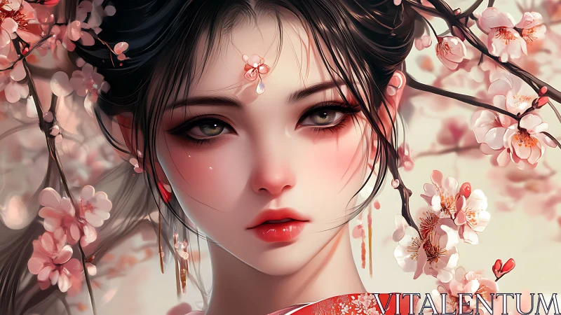 Elegant digital portrait of woman framed by cherry blossoms.