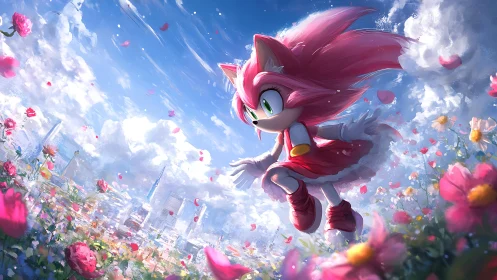 Pink hedgehog girl soaring over bright city flower field.