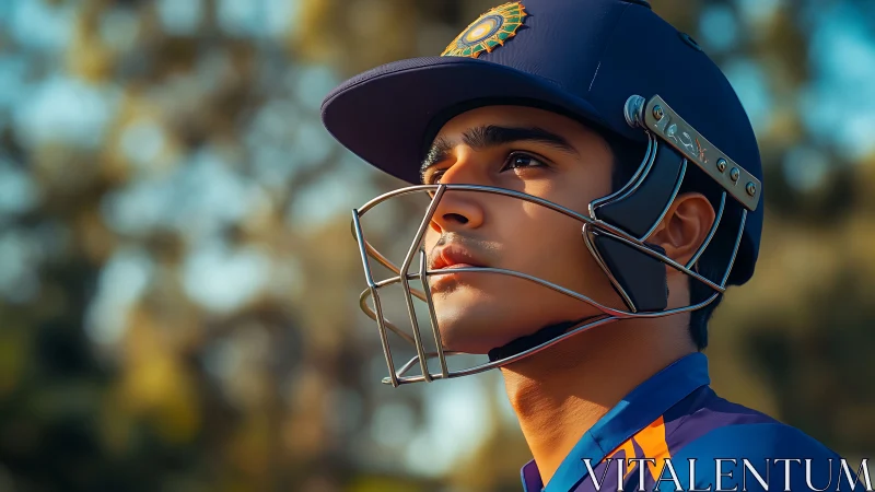 Helmeted dreamer studies the sky like a spinning cricket ball