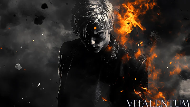 Solitary male figure amid dense smoke and rising flames.