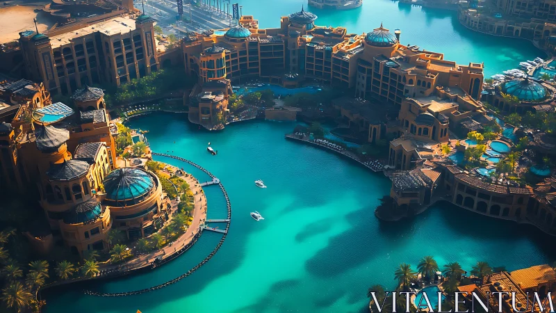 Coastal resort complex encircles a turquoise artificial lagoon