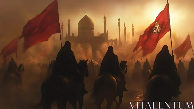 Riders of crimson banners melt into a burning desert dawn