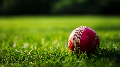 Shiny red cricket ball on grass with shallow depth of field