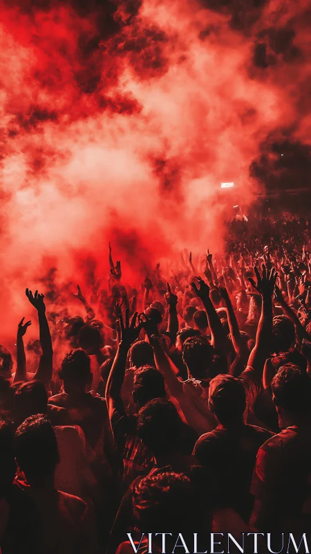 Crowd surges under red smoke at intense night concert.