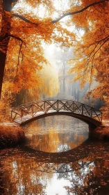 Autumn footbridge over calm reflective park river scene.
