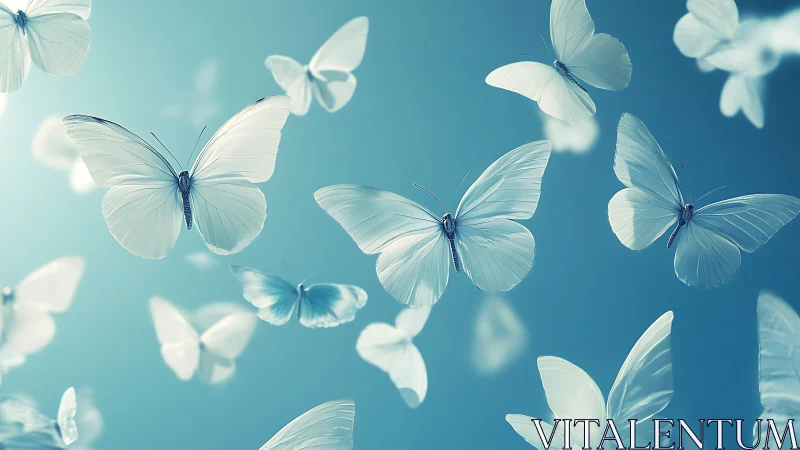 Multiple translucent butterflies move across a blue gradient field