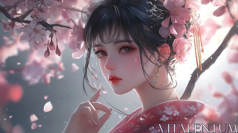 Portrait of anime woman in kimono under blooming blossoms
